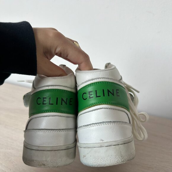 Celine CT-03 High Top Sneakers Sz 37 Optic White & Green Calfskin Leather - Picture 8 of 14